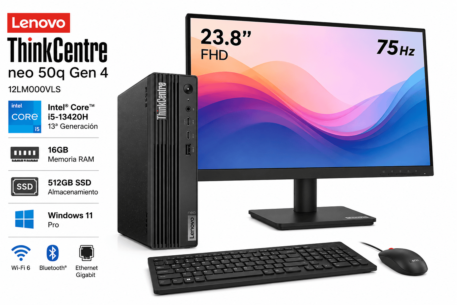 Computador Lenovo ThinkCentre neo 50q Gen 4 con procesador Intel Core i5-13420H, 16GB de memoria RAM, SSD de 512GB, Windows 11 Pro y monitor Lenovo S24i-40 Full HD de 23.8 pulgadas a 75Hz.