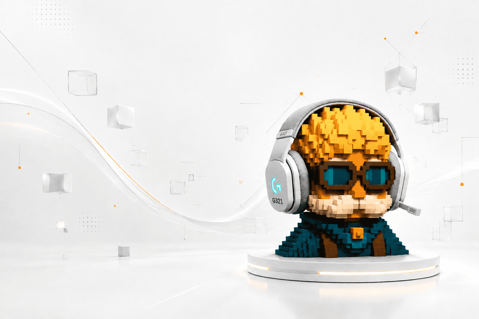 El mismo personaje con la diadema Logitech G321 puesta