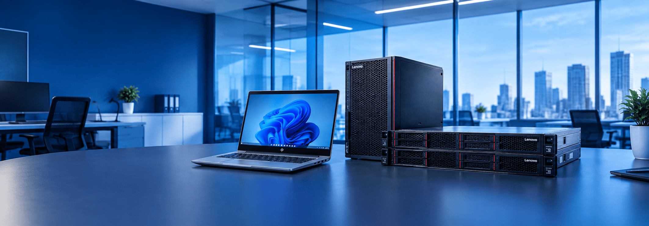 Portátil HP y servidores Lenovo en una sala de juntas