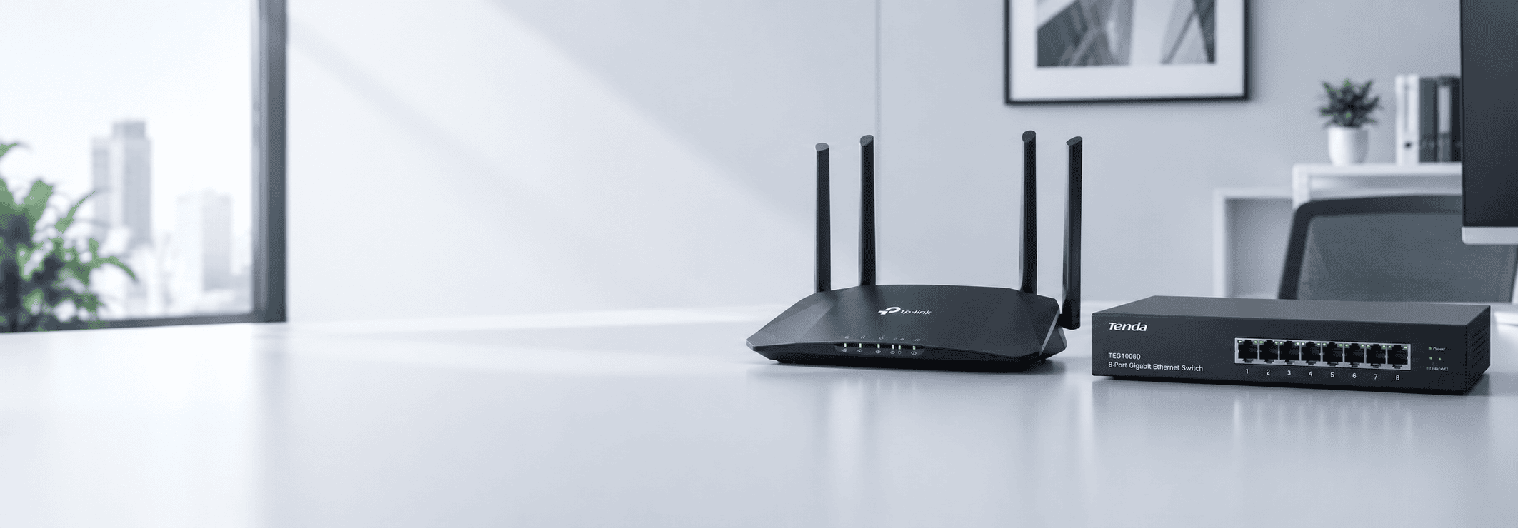 Router TP-Link y switch Tenda sobre un escritorio de oficina