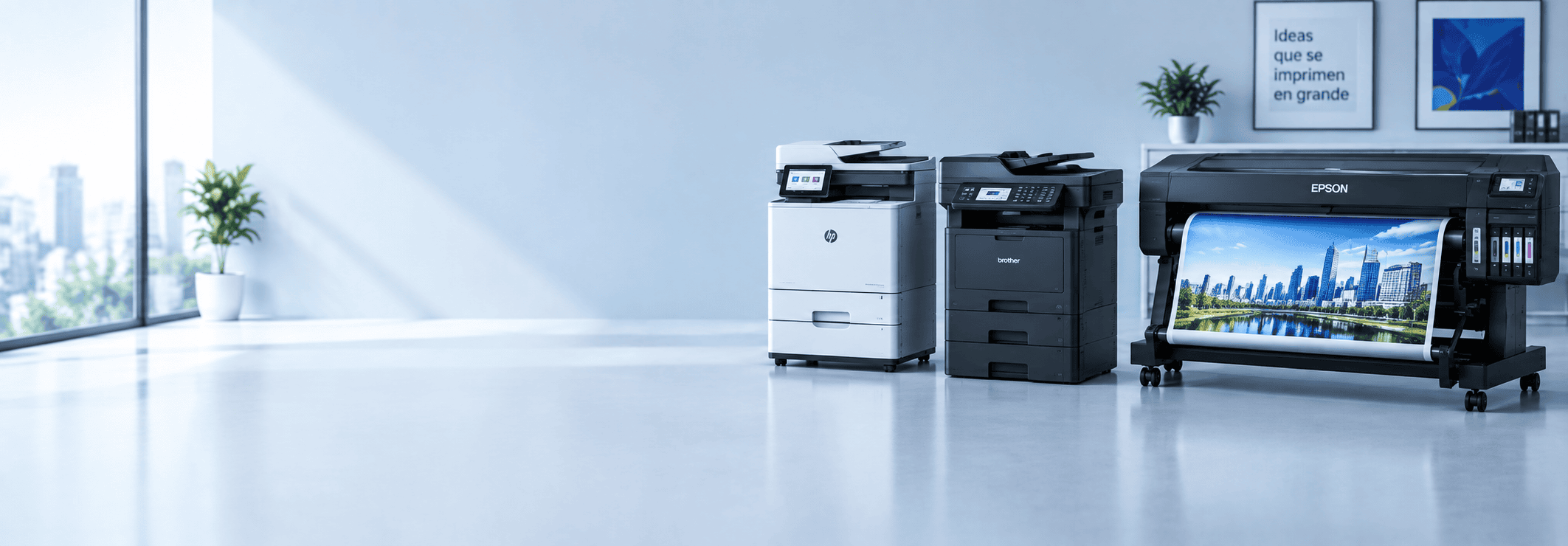 Impresoras HP y Brother junto a un plóter Epson de gran formato
