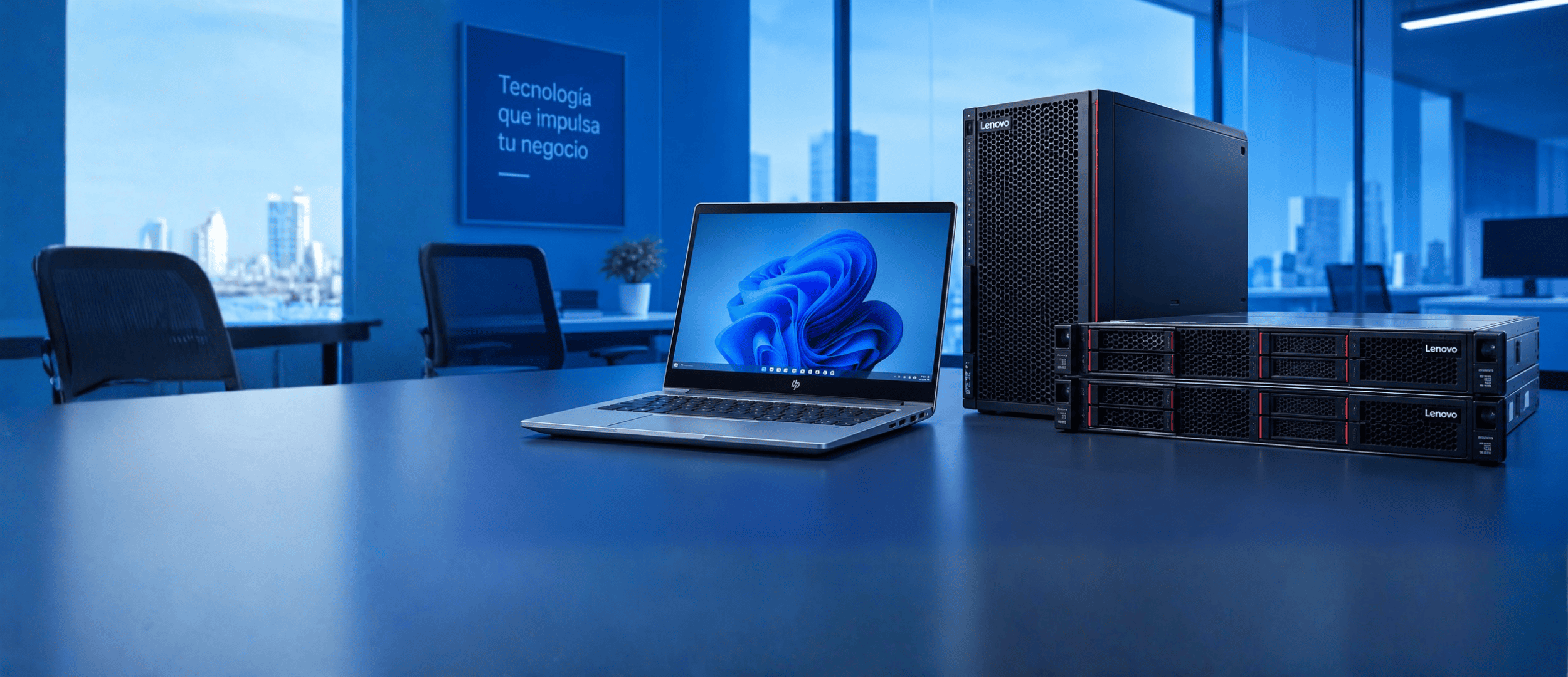 Portátil HP y servidores Lenovo sobre una mesa de oficina