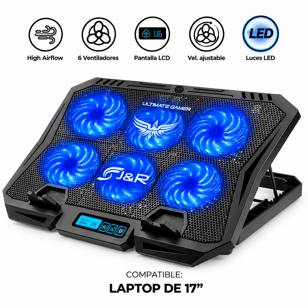 Base Refrigerante J&R Plantom BRJR-021 con 6 Ventiladores y Pantalla LCD