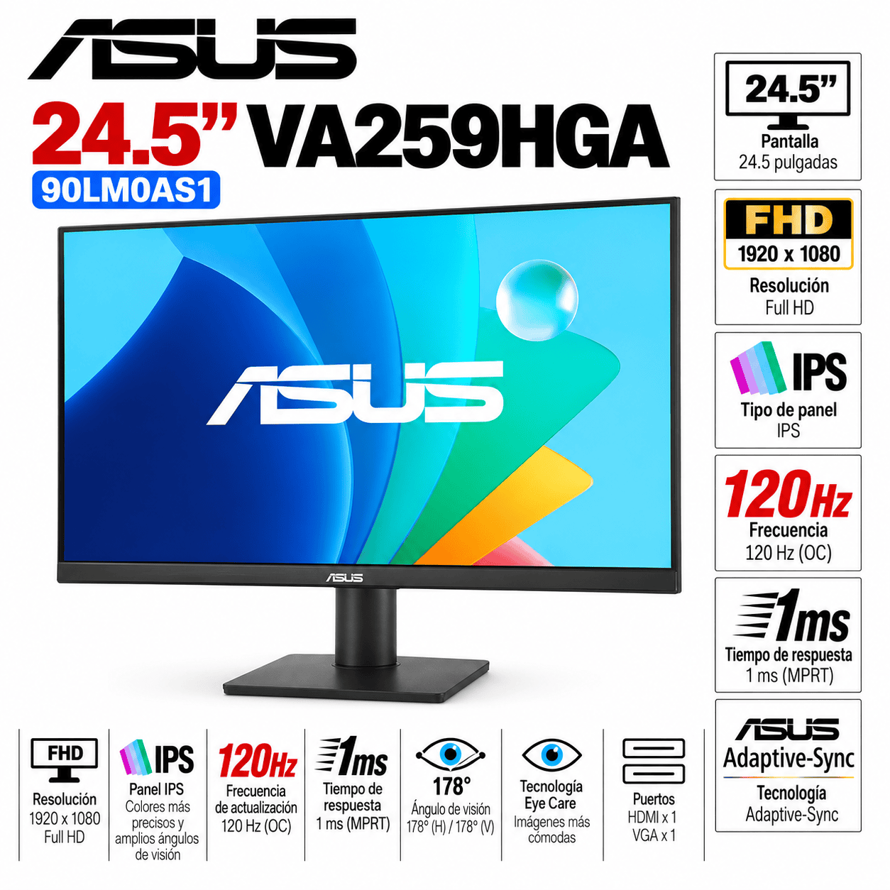 Monitor ASUS VA259HGA de 24.5 pulgadas Full HD con frecuencia de actualización de 120Hz