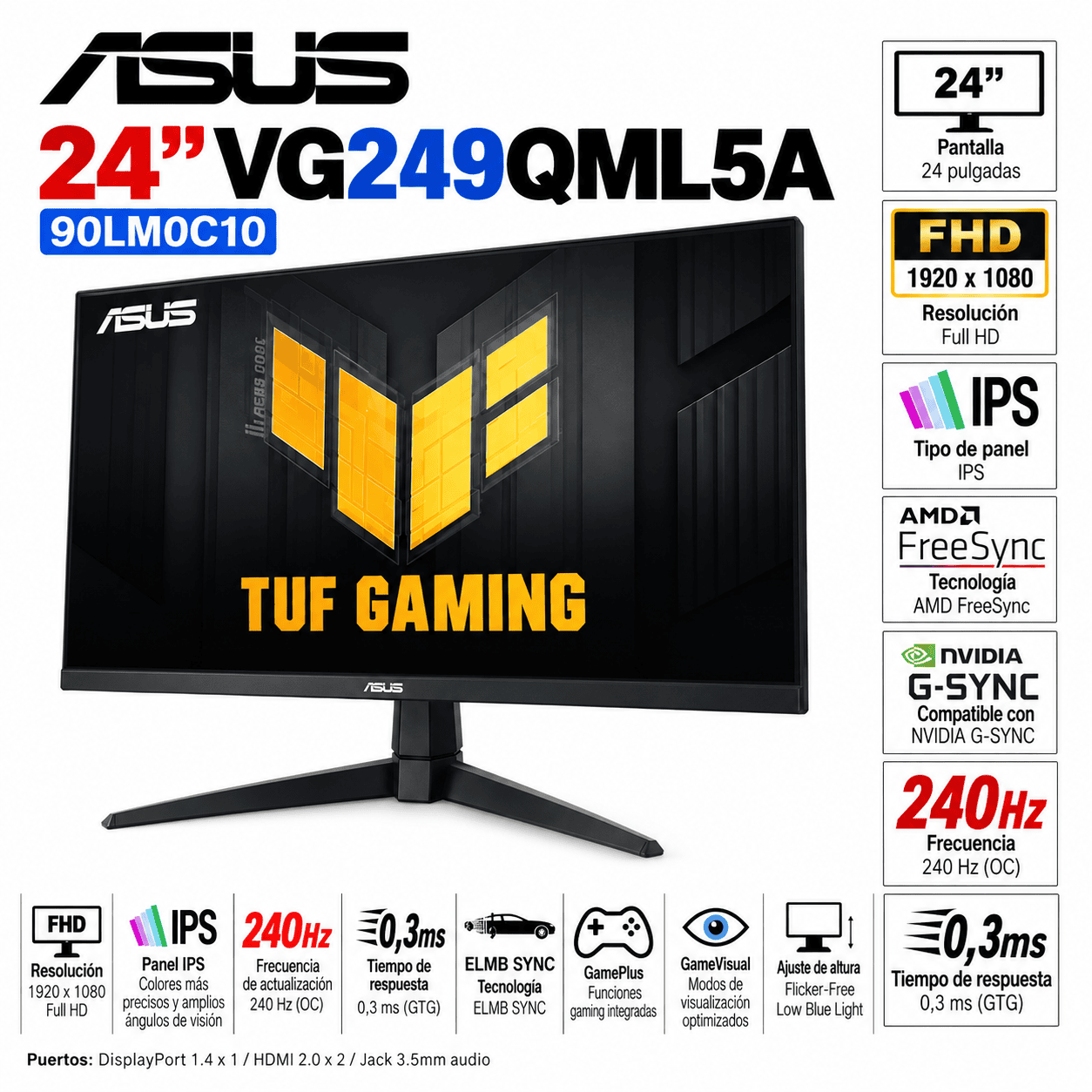 Monitor Gamer ASUS VG249QML5A de 24 pulgadas Full HD con frecuencia de actualización de 240Hz