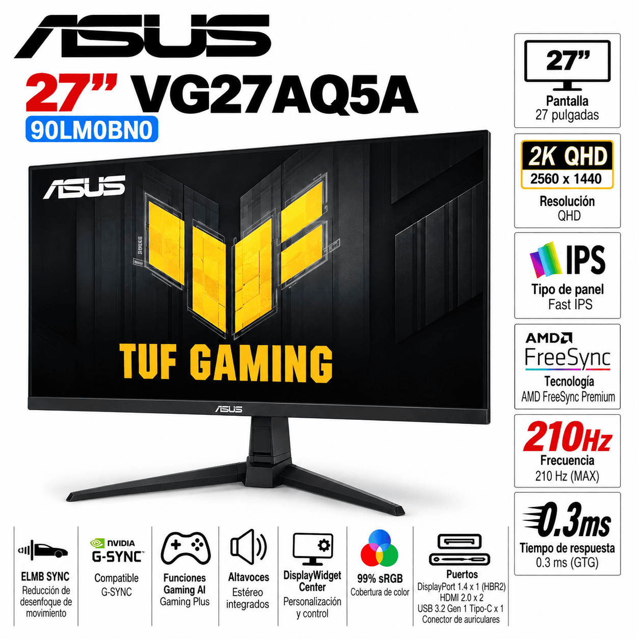 Monitor Gamer ASUS VG27AQ5A de 27 pulgadas con resolución 2K QHD y frecuencia de actualización de hasta 210Hz