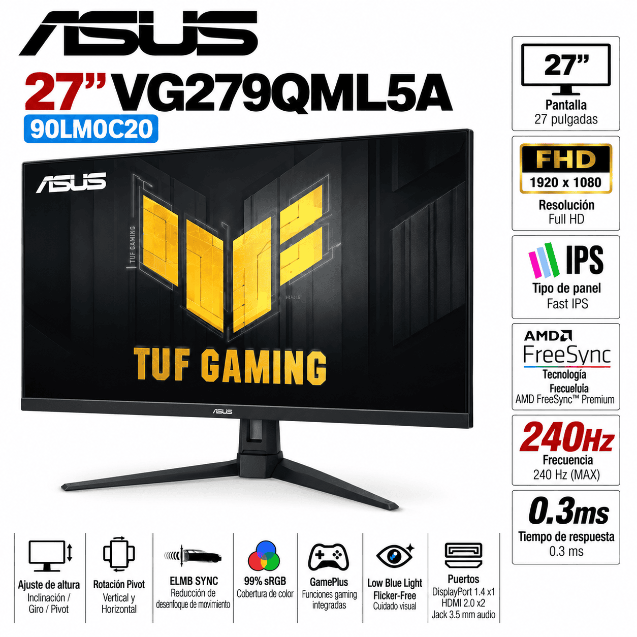 Monitor Gamer ASUS ROG Strix XG27AQDMES de 27 pulgadas 2K QHD con frecuencia de actualización de 240Hz