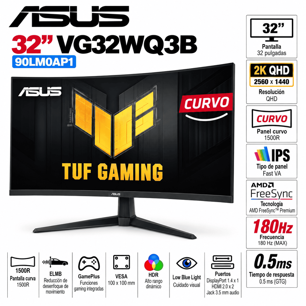 Monitor Gamer ASUS VG32WQ3B de 32 pulgadas con resolución 2K QHD y frecuencia de actualización de 180Hz