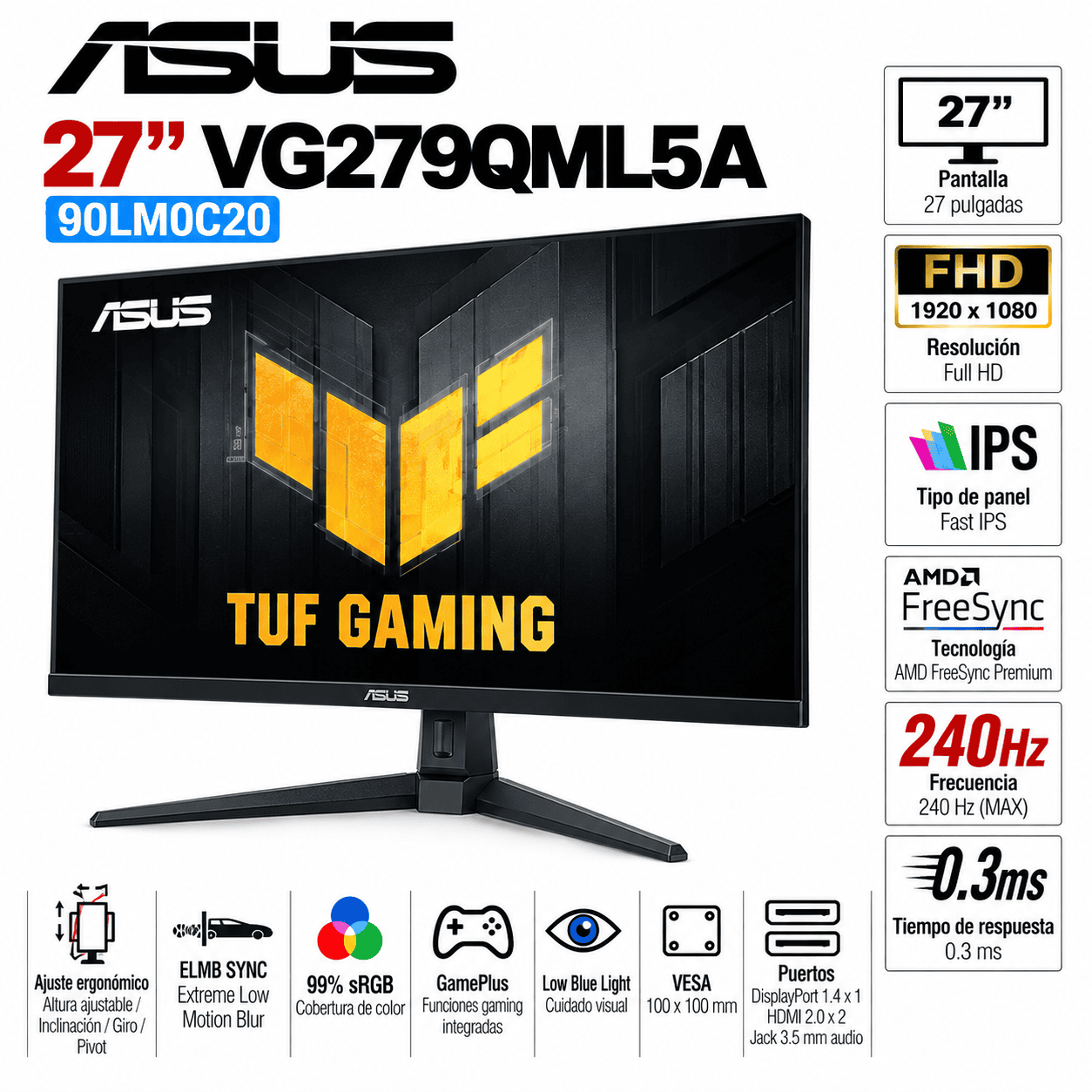 Monitor Gamer ASUS VG279QML5A de 27 pulgadas Full HD con frecuencia de actualización de 240Hz