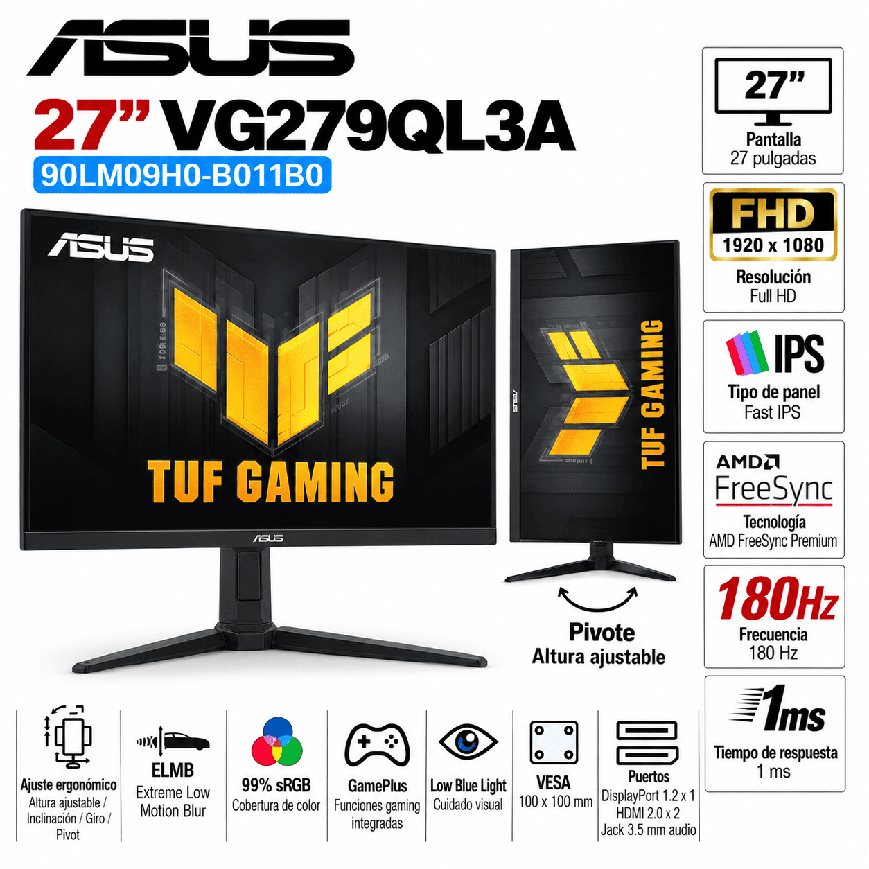 Monitor Gamer ASUS VG279QL3A de 27 pulgadas Full HD con frecuencia de actualización de 180Hz