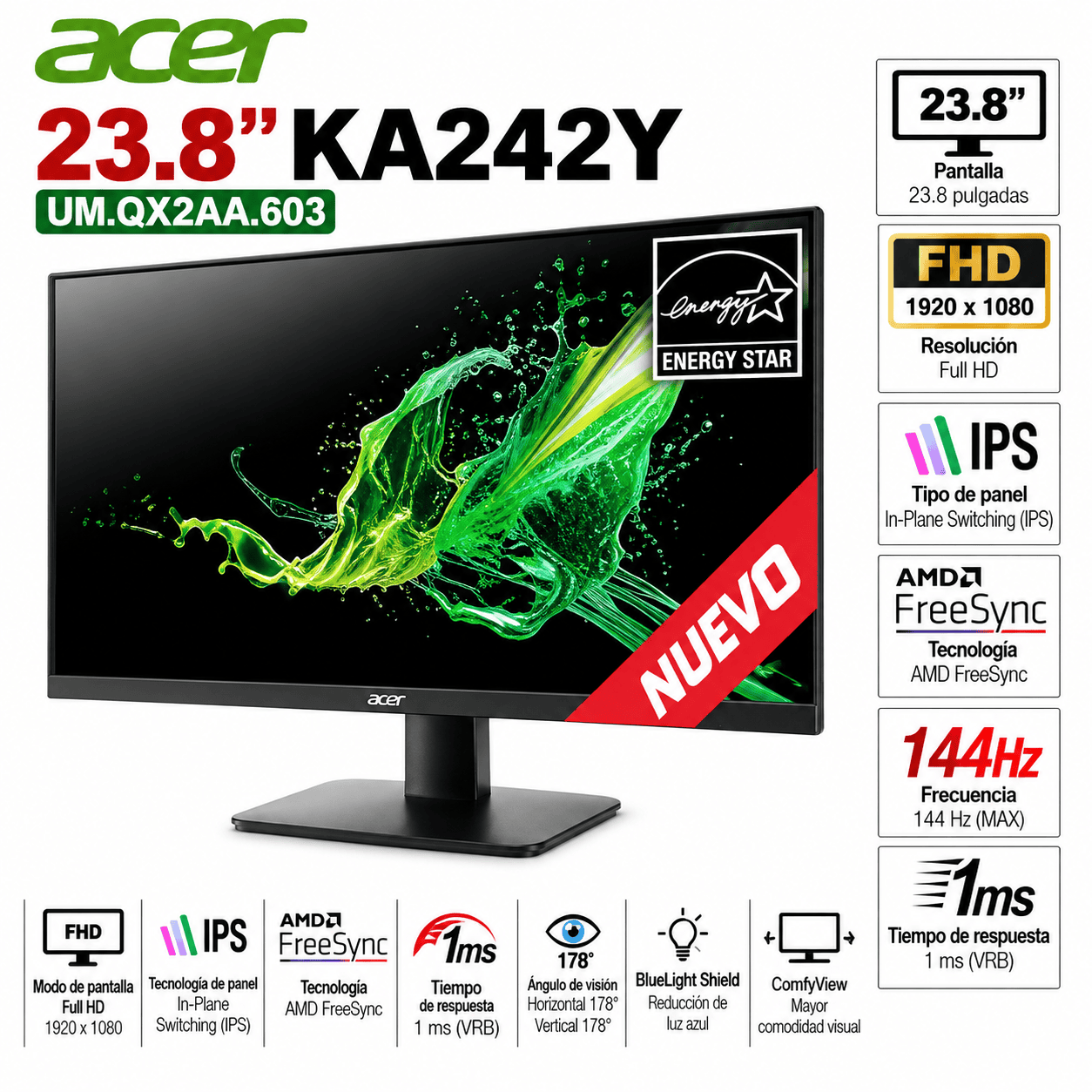 Monitor Gamer Acer KA242Y de 23.8 pulgadas Full HD con frecuencia de actualización de 144Hz