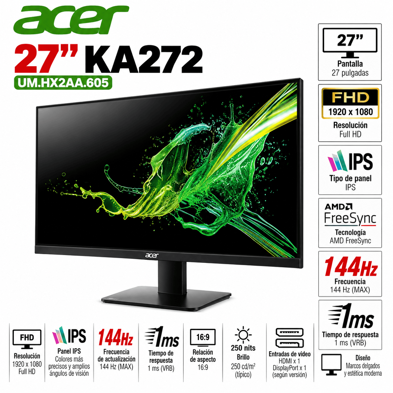 Monitor Gamer Acer KA272 de 27 pulgadas Full HD con frecuencia de actualización de 144Hz