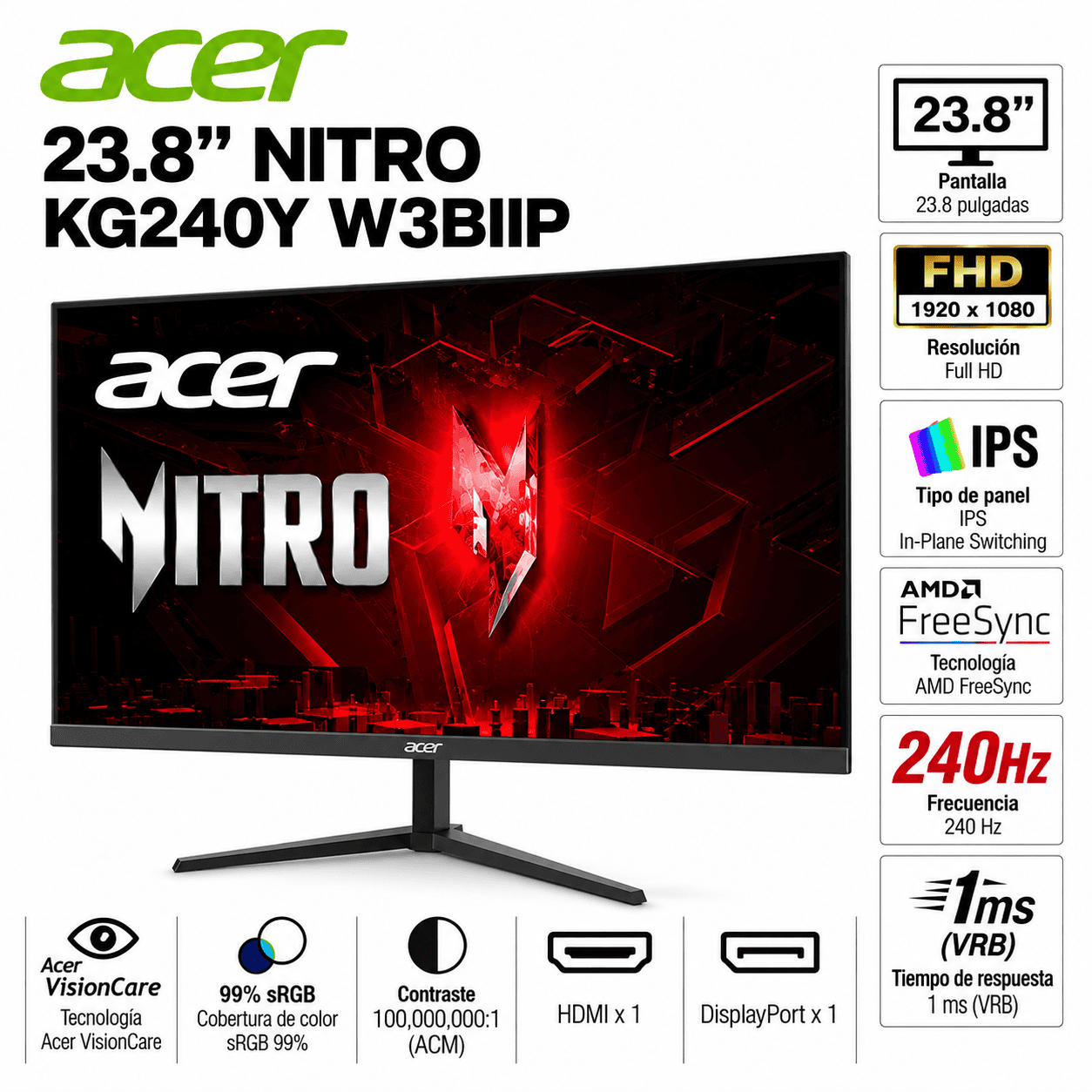 Monitor Gamer Acer Nitro KG240Y W3BIIP de 23.8 pulgadas con resolución Full HD y frecuencia de actualización de 240Hz