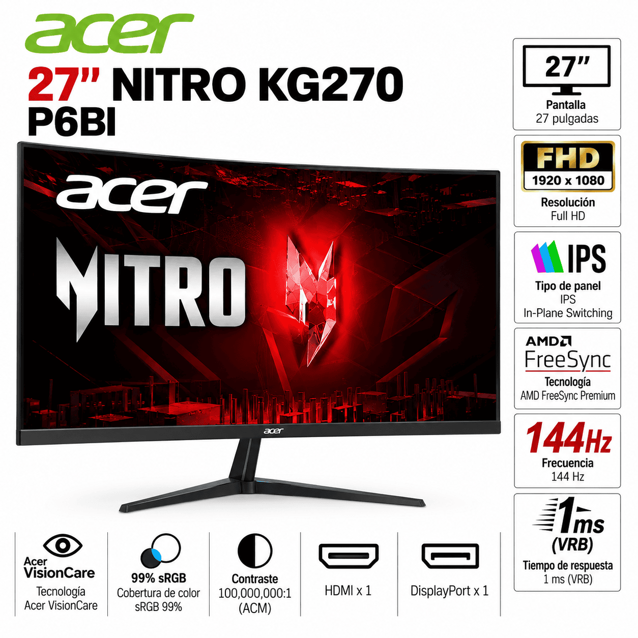 Monitor Gamer Acer Nitro KG270 P6BI de 27 pulgadas con resolución Full HD y frecuencia de actualización de 144Hz