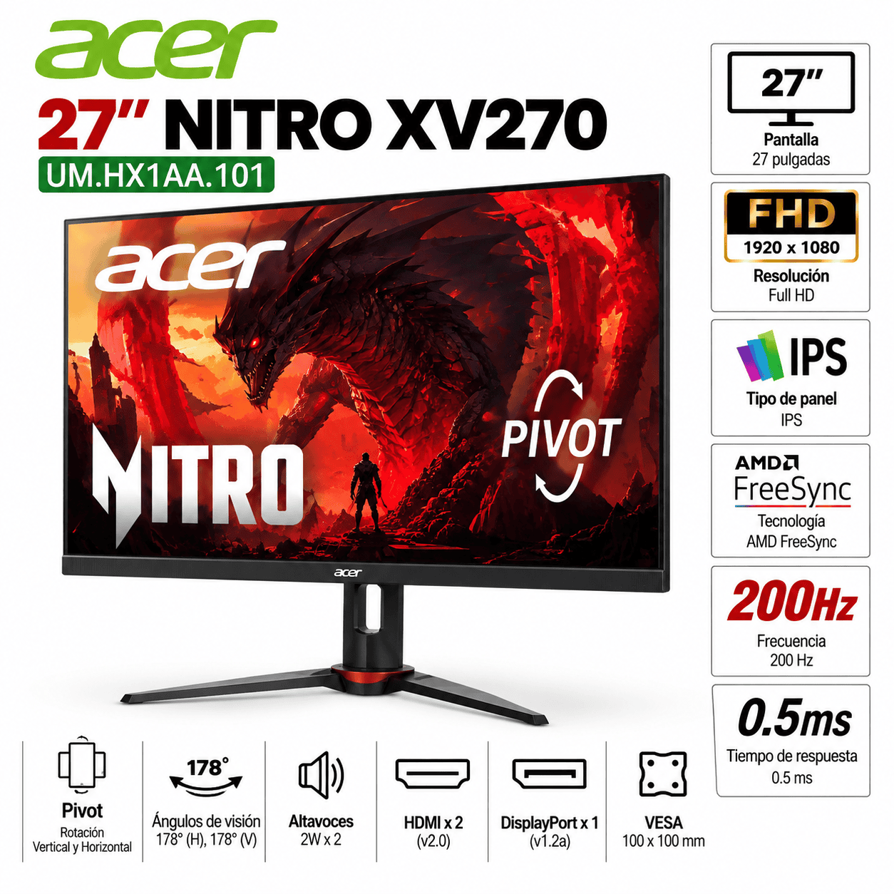 Monitor Gamer Acer Nitro XV270 de 27 pulgadas Full HD con frecuencia de actualización de 200Hz