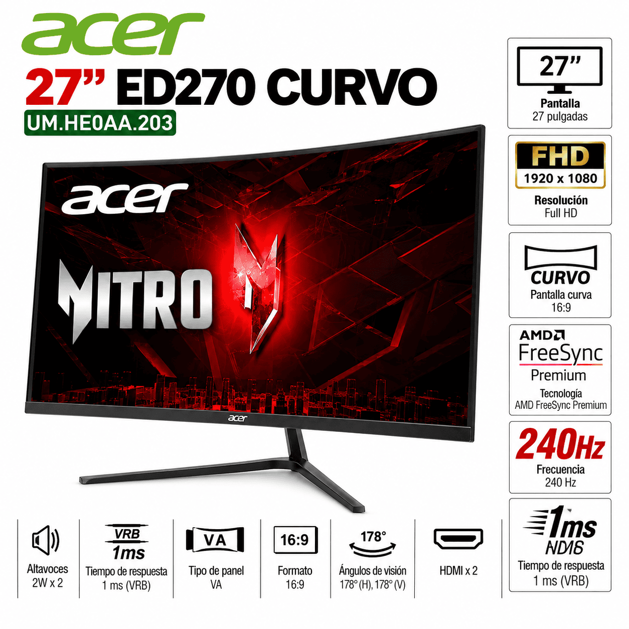 Monitor Gamer Acer ED270 curvo de 27 pulgadas Full HD con frecuencia de actualización de 240Hz