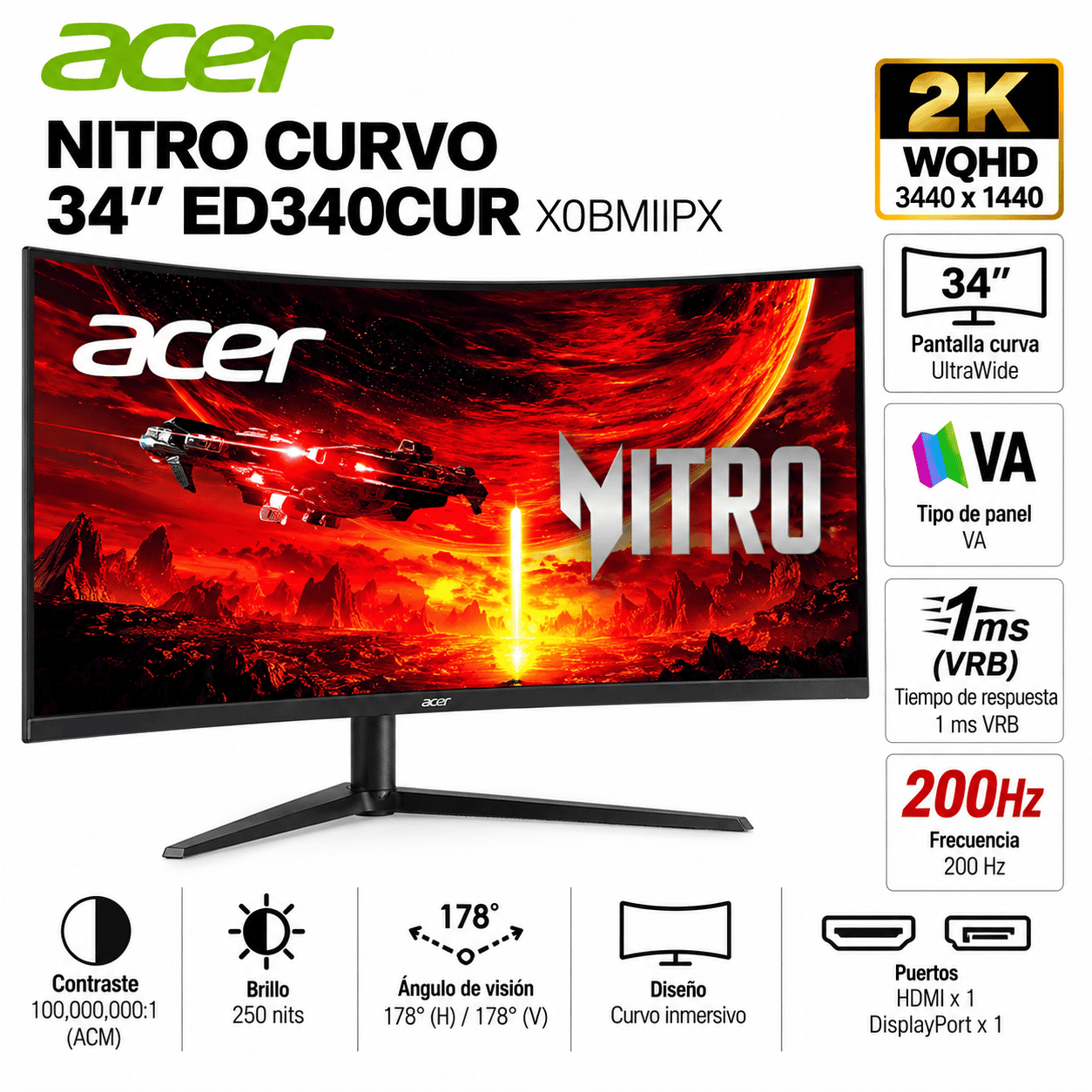 Monitor Gamer Acer Nitro ED340CUR X0BMIIPX curvo de 34 pulgadas con resolución 2K WQHD y frecuencia de actualización de 200Hz