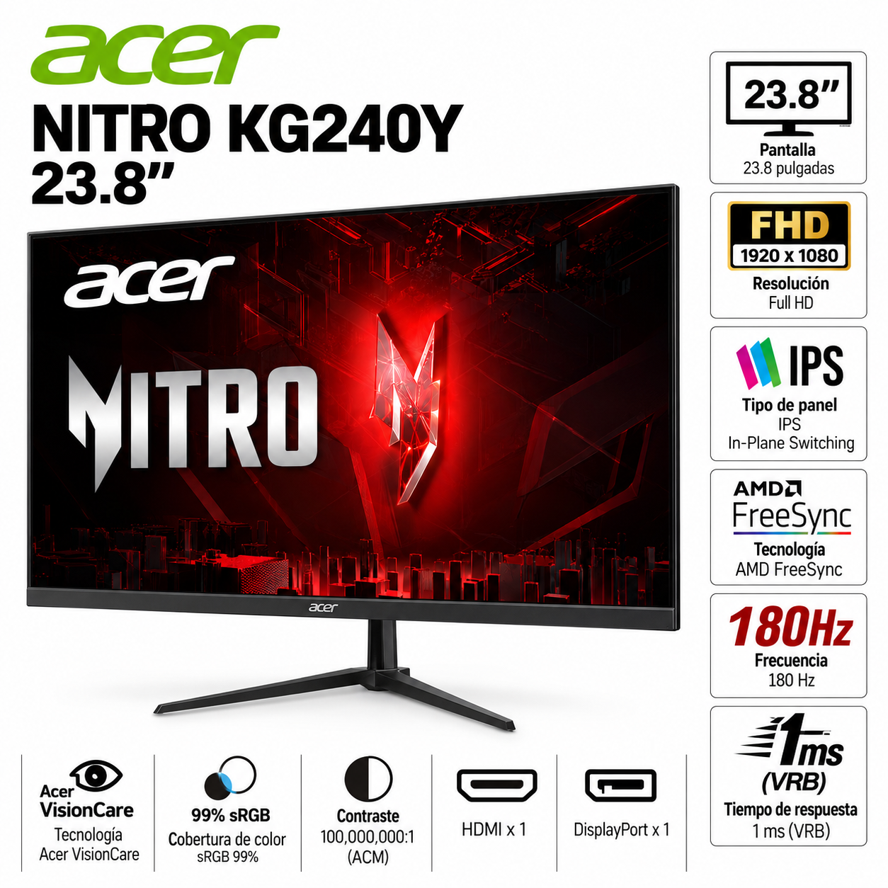 Monitor Gamer Acer Nitro KG240Y de 23.8 pulgadas con resolución Full HD y frecuencia de actualización de 180Hz