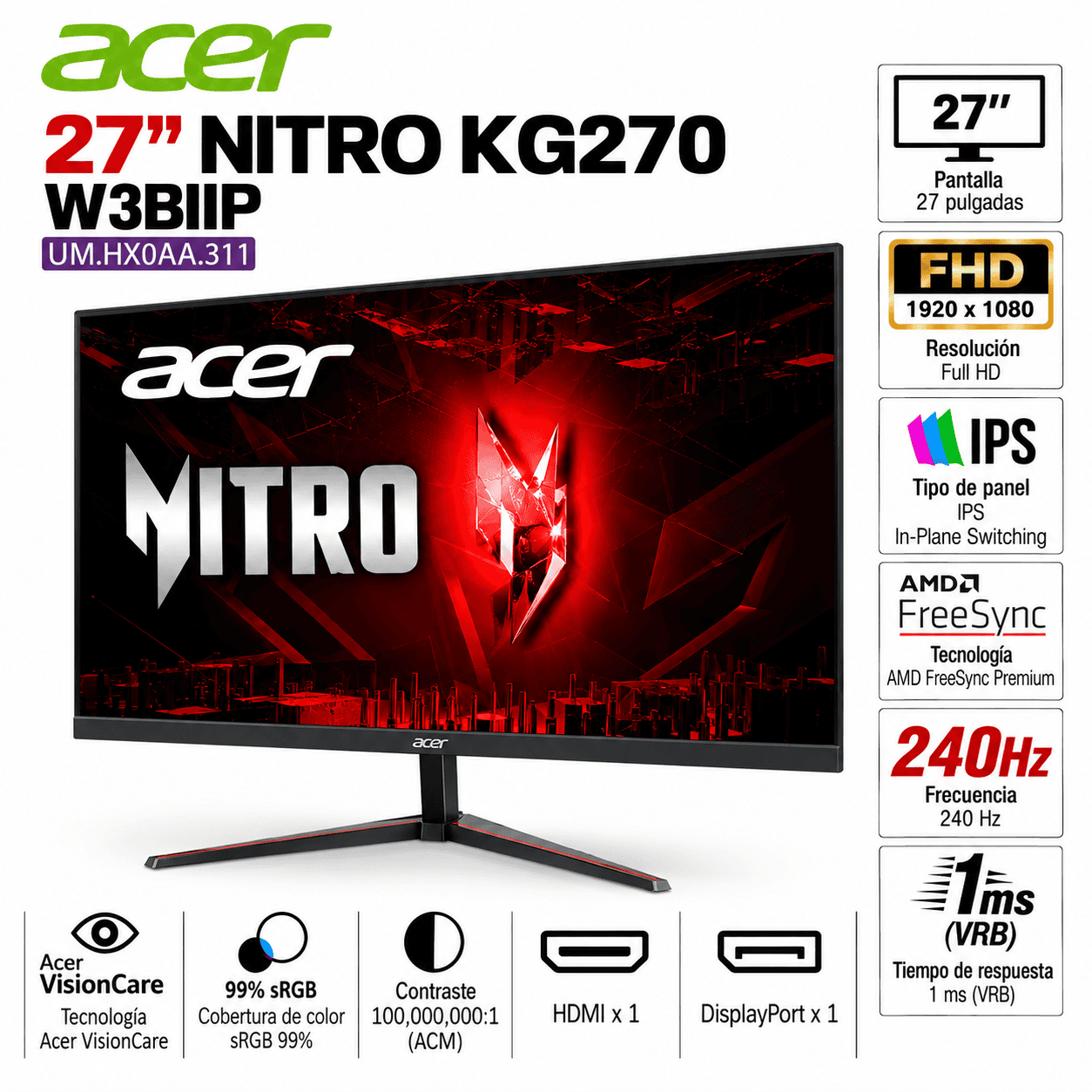 Monitor Gamer Acer Nitro KG270 W3BIIP de 27 pulgadas Full HD con frecuencia de actualización de 240Hz