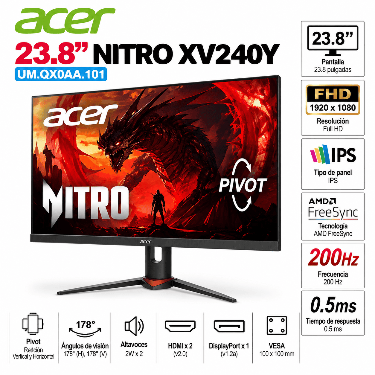 Monitor Gamer Acer Nitro XV240Y de 23.8 pulgadas Full HD con frecuencia de actualización de 200Hz