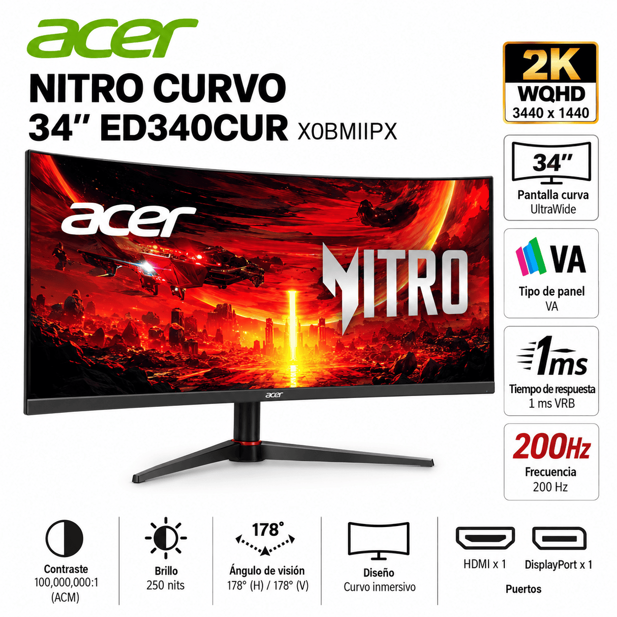 Monitor Gamer Acer Nitro ED340CUR J0BIIP curvo de 34 pulgadas con resolución 2K WQHD y frecuencia de actualización de 120Hz