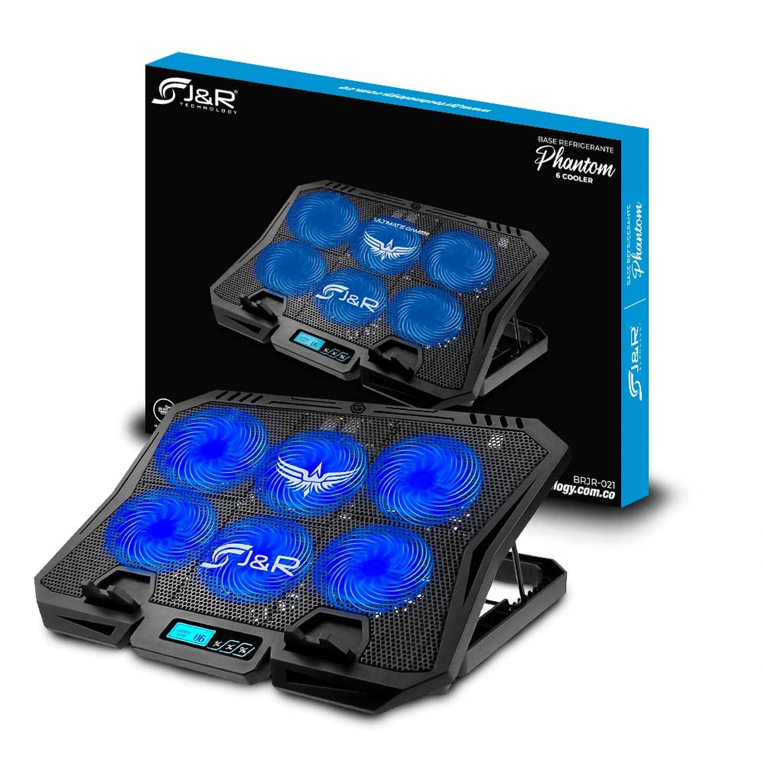 Base Refrigerante Plantom BRJR-021 para Portátil Hasta 17 Pulgadas Base Refrigerante J&R Plantom BRJR-021 con 6 Ventiladores y Pantalla LCD