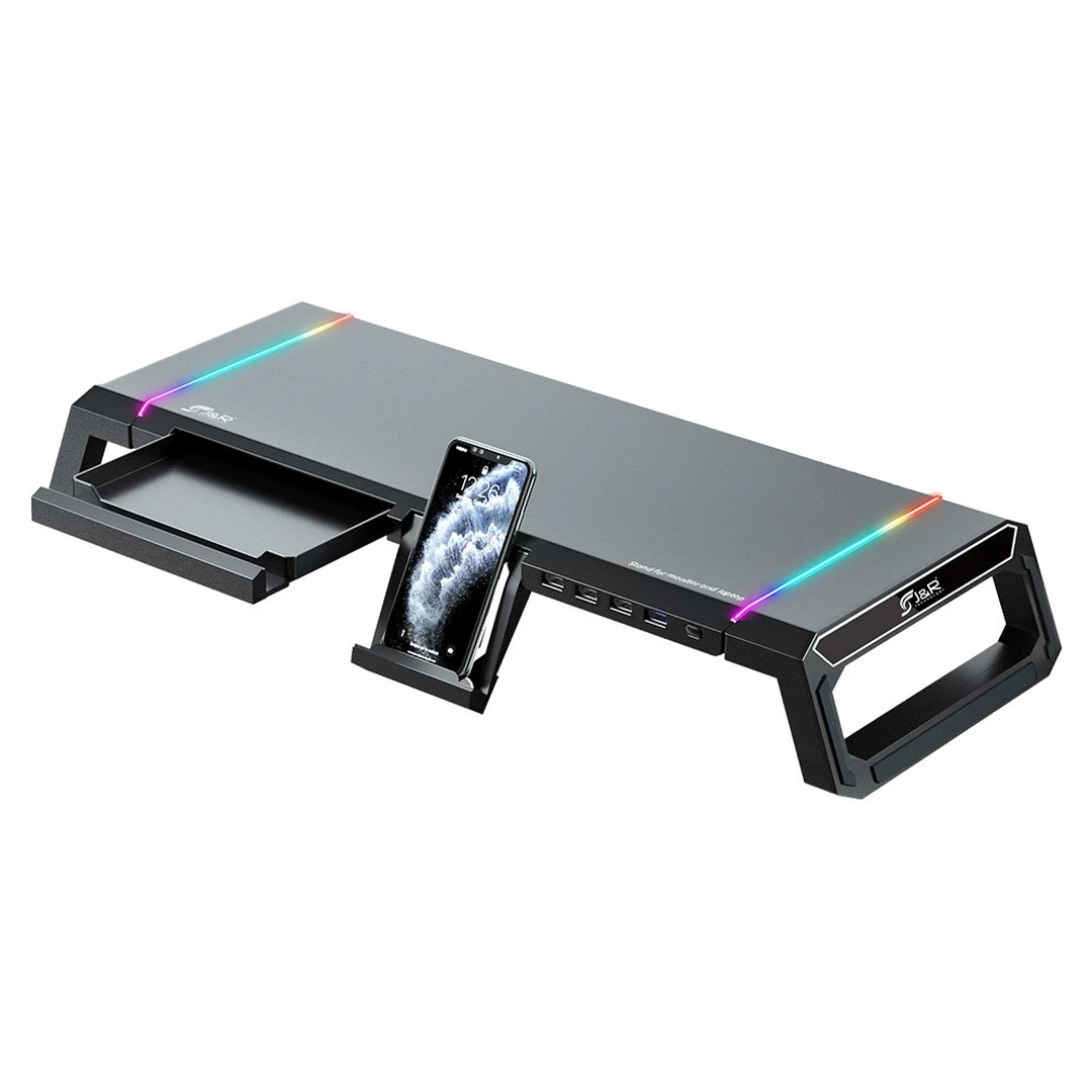 Stand RGB para Monitor J&R BRJR-016 con 4 Puertos USB 2.0 y 7 Efectos de Iluminación